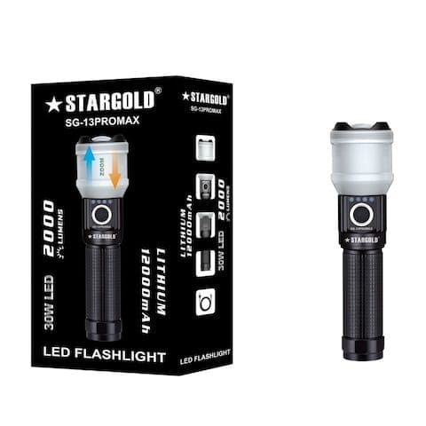 مصباح يدوي LED قابل لإعادة الشحن من STARGOLD مع بطارية ليثيوم 12000 مللي أمبير في الساعة بقوة 30 وات ومقاومة للتآكل/الماء/الصدمات